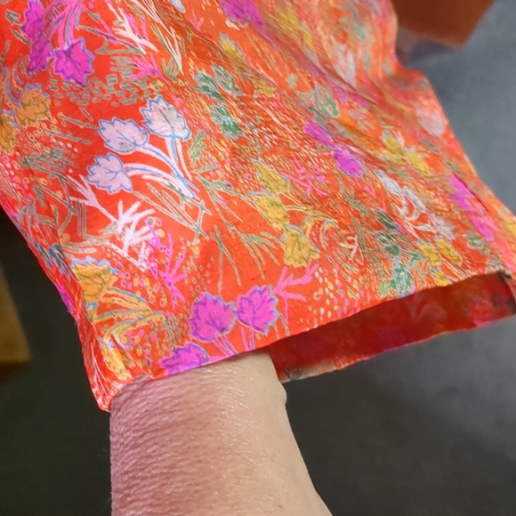 100% SILK kimono duster jacket tie front purple orange and yellow gold w/floral - Picture 4 of 12